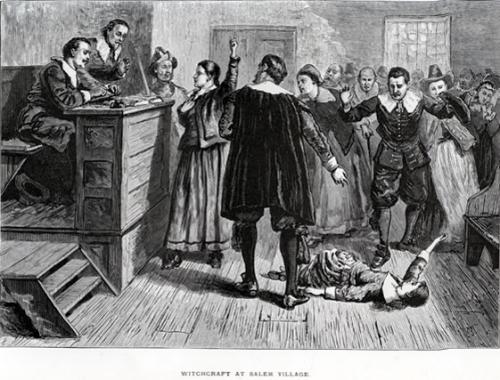 illustration du 19° siècle du procès des sorcières de Salem.